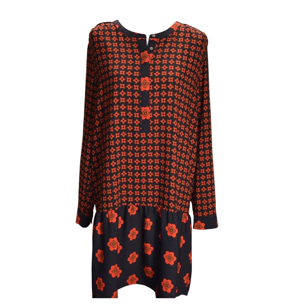 Loft Floral Drop Waist Tunic Dress Women XL‎ Navy Orange Excellent Long Sleeve